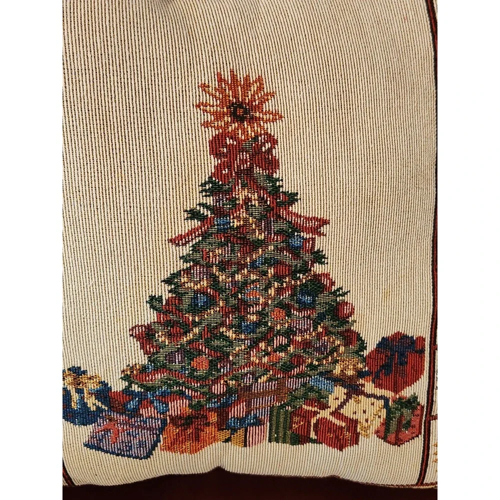 Tapestry Christmas Tree‎ Pillow Cover Festive Holiday Decor Cream Red Accent